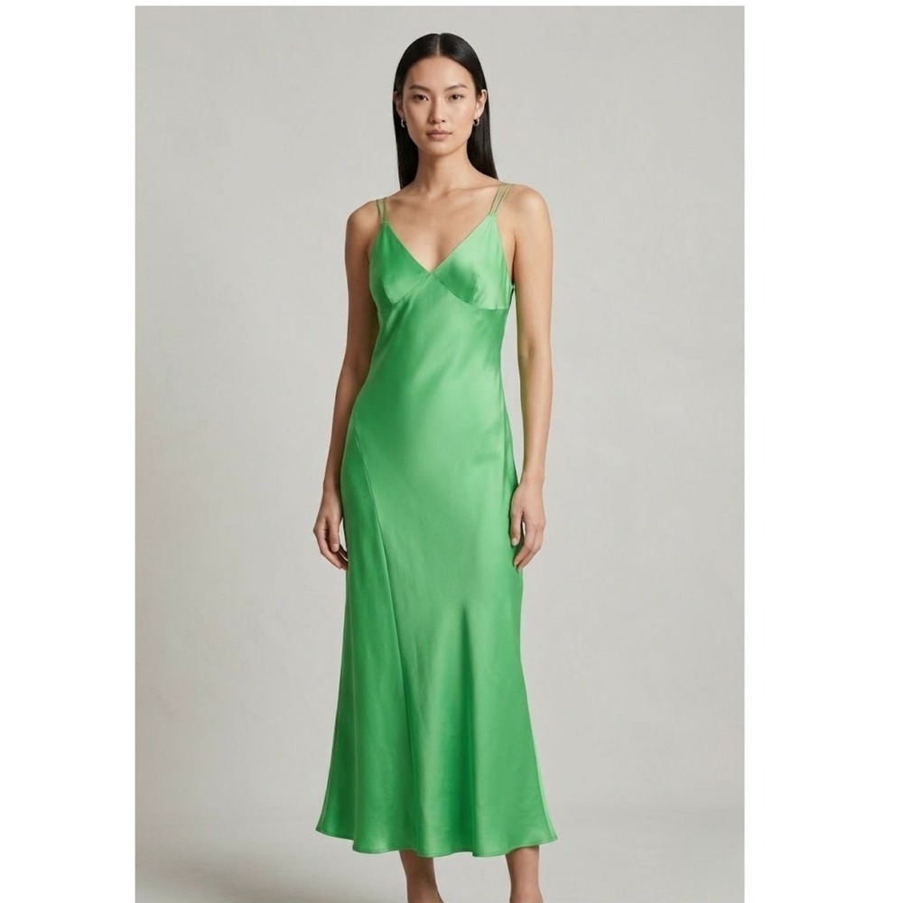 90s Minimalist Silk Slip Dress DANA FOLEY NYC Womens M Green Luxury Party Glam